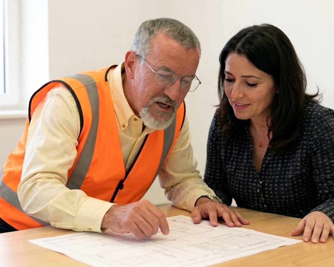 Arq. Pablo R. Castillo reviewing drawings with a client